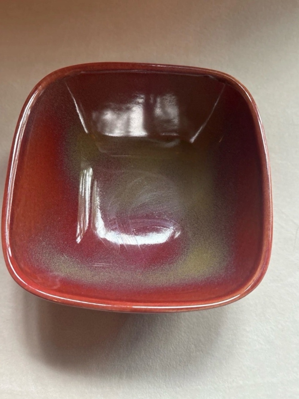 Rare Gail Pittman Red Free Form Glazed Square Ceramic Bowl